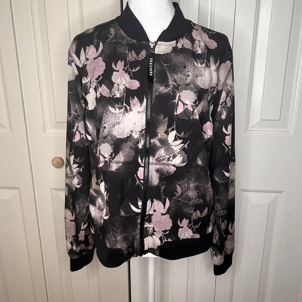 Skechers Women's Floral Bomber Jacket Large Lightweight Full Zip Pockets